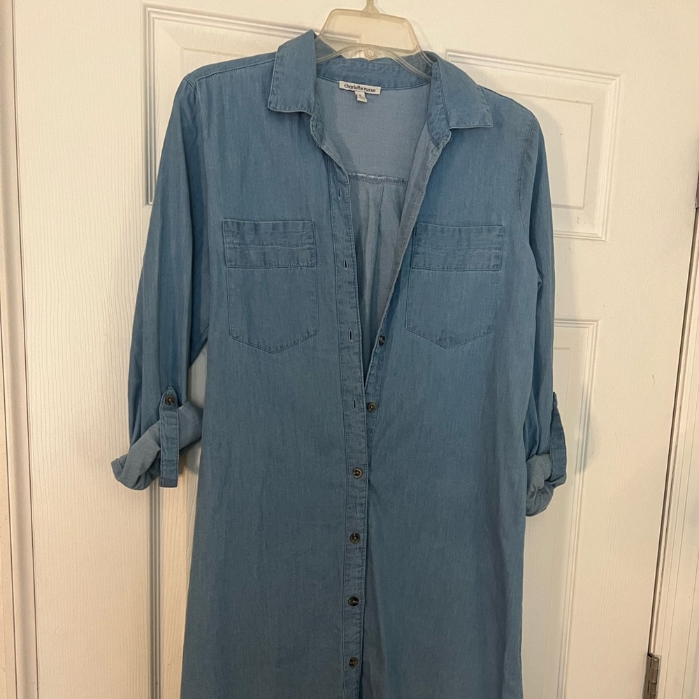 Denim Midi Length Button Down Dress with Elbow Length Sleeves